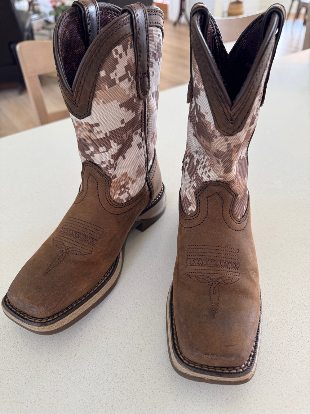 Durango Brown Leather Square-Toe Camo Shaft Western Boots